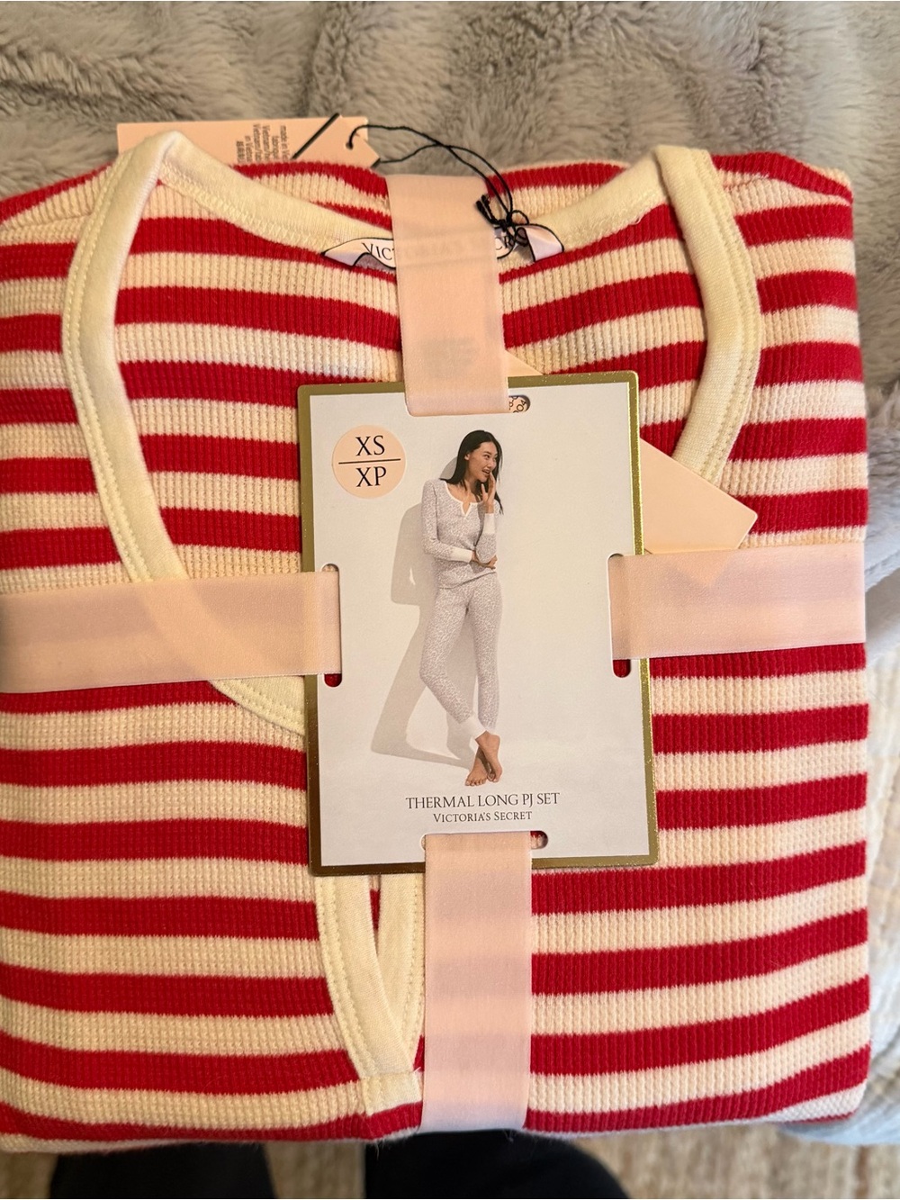 Victoria's Secret Red & White Striped Thermal Long PJ Set